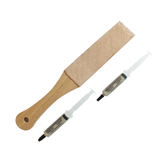 Set of 11” Long Leather Paddle Strop for Knife Sharpening and Two Diamond Polishing Compounds with High Concentration for Sharpening Knives, Double Sided Leather Strop USA Made