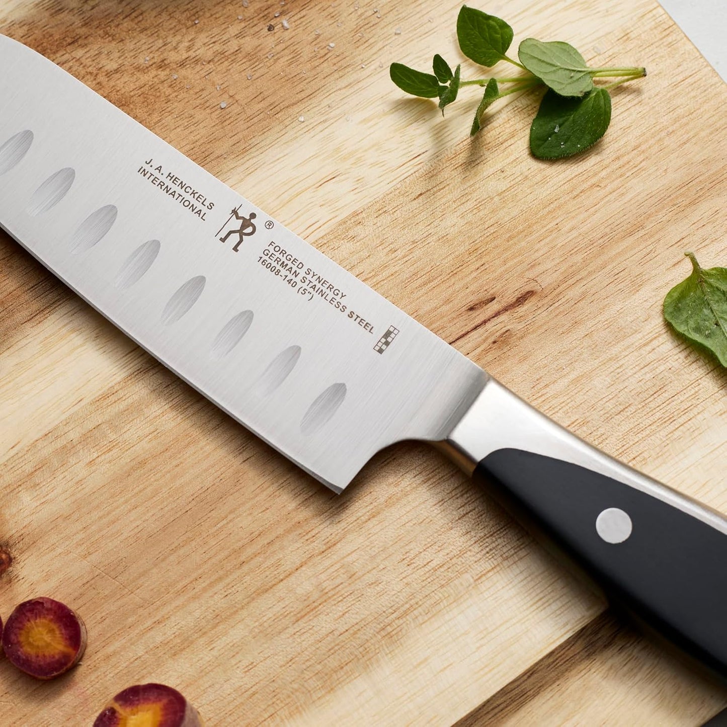 Forged Synergy 7-inch Hollow Edge Santoku Knife, Black/Stainless Steel