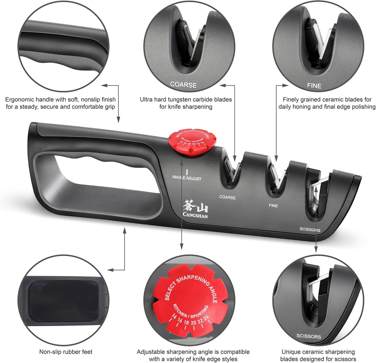Cangshan 1026108 3-Stage Adjustable 14-24 Degree Professional Knife + Scissor Sharpener Black