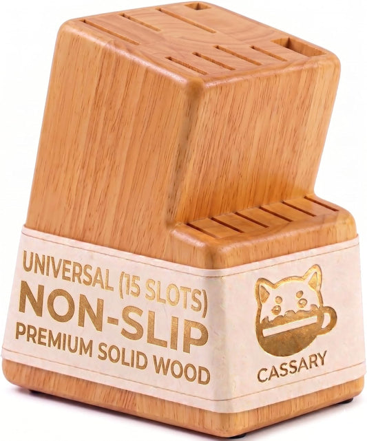 Kitchen knife holder elegant & sturdy (15 slots). Universal knife block with slots for knives, scissor and sharpenner. Knife Block without Knives. Kitchen knife holders for counter top. (Pine)