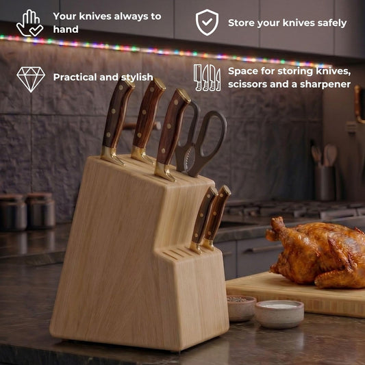 Kitchen knife holder elegant & sturdy (15 slots). Universal knife block with slots for knives, scissor and sharpenner. Knife Block without Knives. Kitchen knife holders for counter top. (Pine)