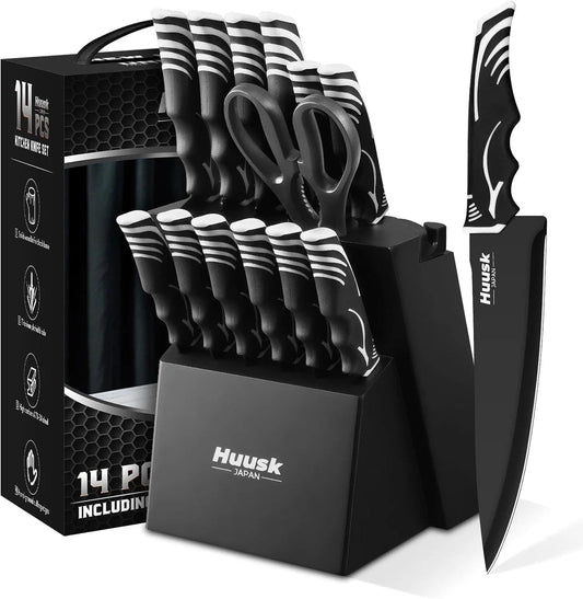 Block Set with Sharpener -Kitchen Knives Set - Black | Wooden Knife Block, Chef Knives with Kitchen Shears Housewarming Gifts for New Home