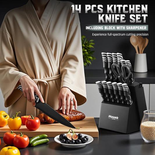Block Set with Sharpener -Kitchen Knives Set - Black | Wooden Knife Block, Chef Knives with Kitchen Shears Housewarming Gifts for New Home