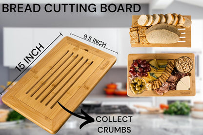 Bread Cutting Board, Bread slicer,Crumb Tray with holder,Bread Serving for Kitchen-Complete set for Slicing Homemade Bread- bow knife (16") Cutting Board (15x9,5") with Crumb