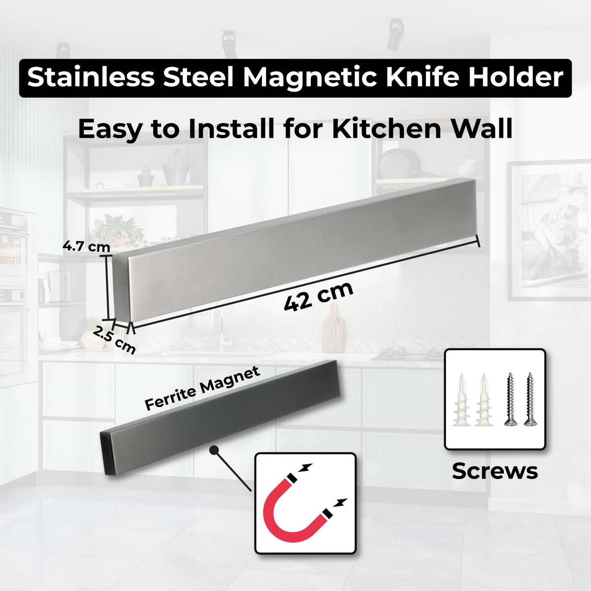 Premium 16-Inch Stainless Steel Magnetic Knife Holder for Wall and Fridge - Powerful Knife Magnetic Strip for Kitchen & Tools Organization, Extra Strong Holds up to 30 LBs include Tape and screws