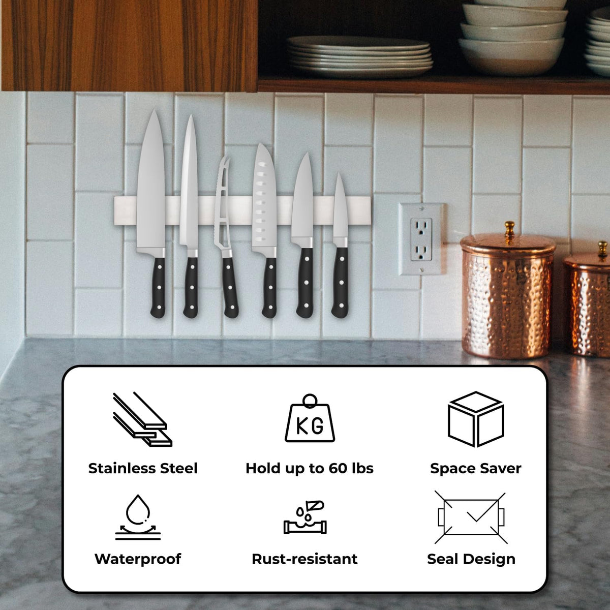 Premium 16-Inch Stainless Steel Magnetic Knife Holder for Wall and Fridge - Powerful Knife Magnetic Strip for Kitchen & Tools Organization, Extra Strong Holds up to 30 LBs include Tape and screws