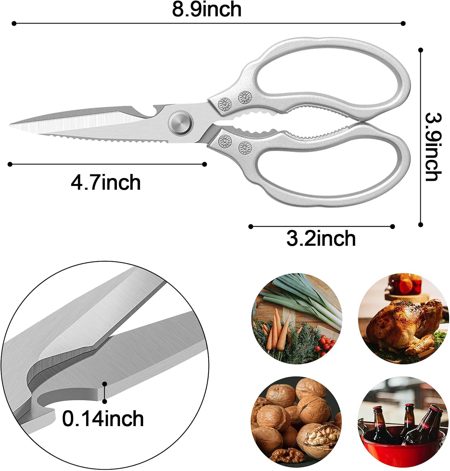Kitchen Scissors, Multi-Purpose Kitchen Shears, Heavy Duty Dishwasher Safe Food Scissors for Chicken, Poultry, Fish, Meat & Herbs with Non-Slip Grips - Sliver