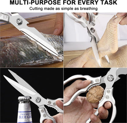Kitchen Scissors, Multi-Purpose Kitchen Shears, Heavy Duty Dishwasher Safe Food Scissors for Chicken, Poultry, Fish, Meat & Herbs with Non-Slip Grips - Sliver