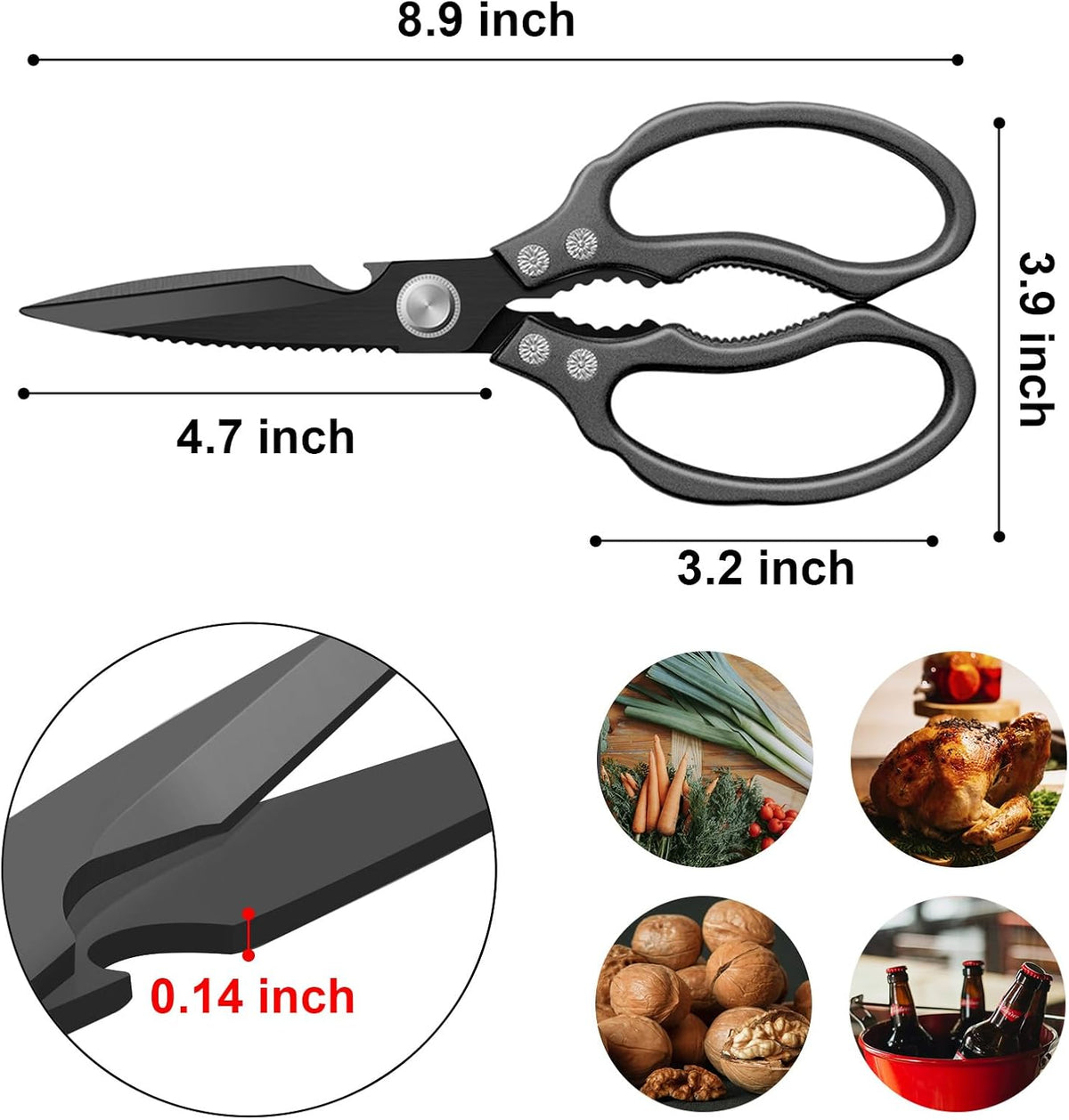 Kitchen Scissors, Multi-Purpose Kitchen Shears, Heavy Duty Dishwasher Safe Food Scissors for Chicken, Poultry, Fish, Meat & Herbs with Non-Slip Grips - Sliver