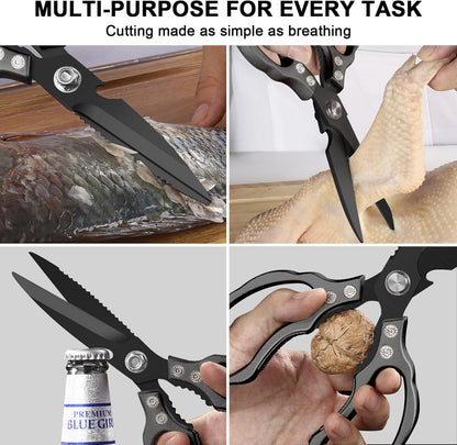 Kitchen Scissors, Multi-Purpose Kitchen Shears, Heavy Duty Dishwasher Safe Food Scissors for Chicken, Poultry, Fish, Meat & Herbs with Non-Slip Grips - Sliver