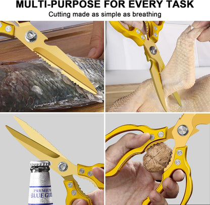 Kitchen Scissors, Multi-Purpose Kitchen Shears, Heavy Duty Dishwasher Safe Food Scissors for Chicken, Poultry, Fish, Meat & Herbs with Non-Slip Grips - Sliver