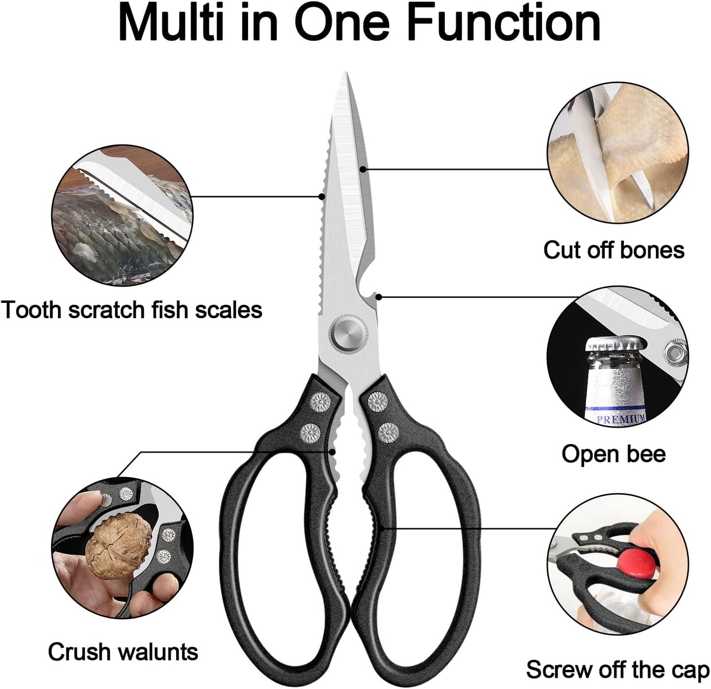 Kitchen Scissors, Multi-Purpose Kitchen Shears, Heavy Duty Dishwasher Safe Food Scissors for Chicken, Poultry, Fish, Meat & Herbs with Non-Slip Grips - Sliver