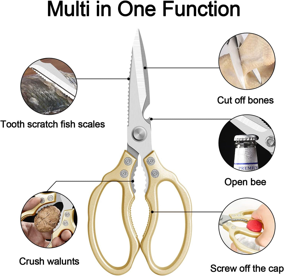 Kitchen Scissors, Multi-Purpose Kitchen Shears, Heavy Duty Dishwasher Safe Food Scissors for Chicken, Poultry, Fish, Meat & Herbs with Non-Slip Grips - Sliver