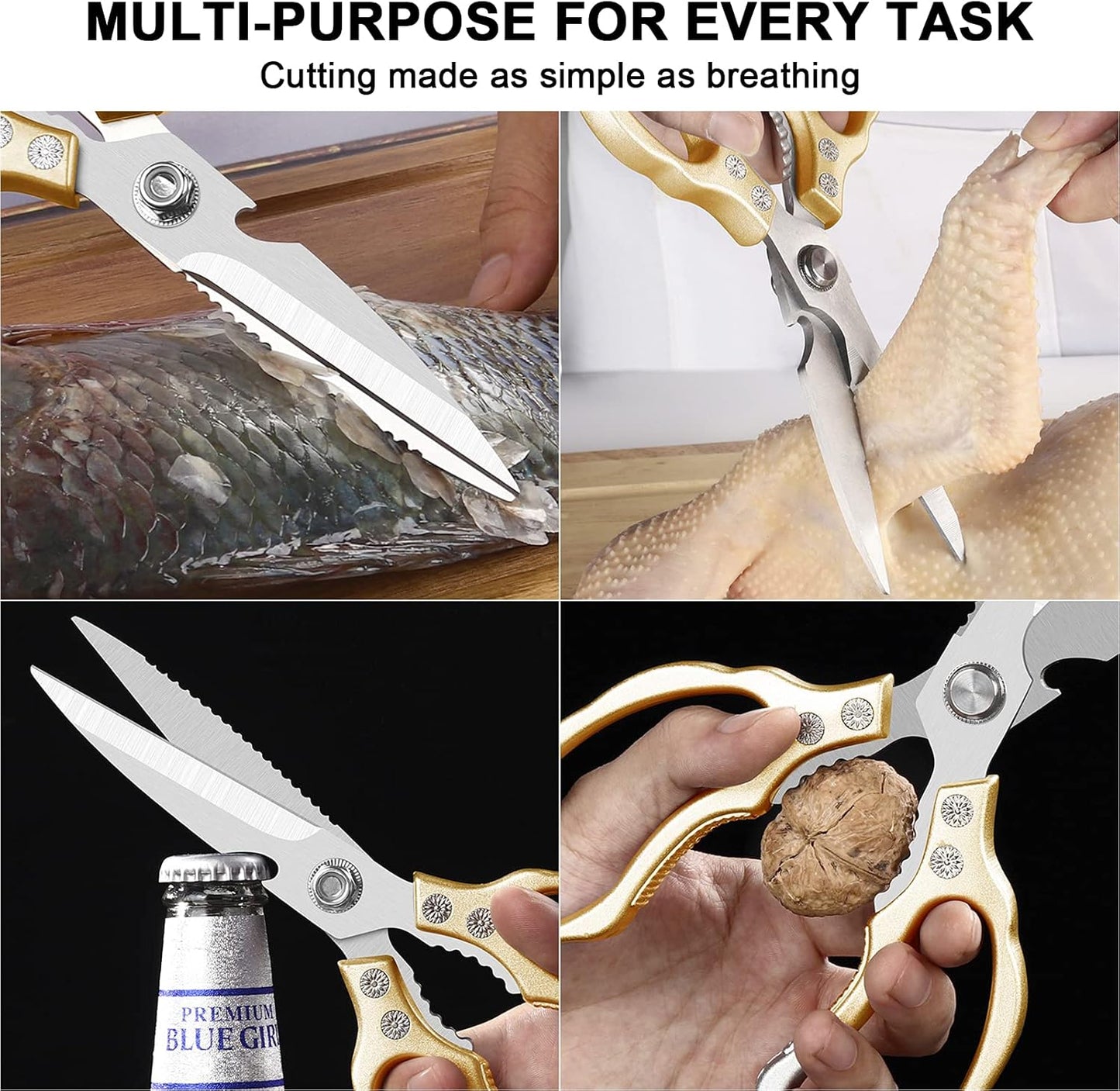 Kitchen Scissors, Multi-Purpose Kitchen Shears, Heavy Duty Dishwasher Safe Food Scissors for Chicken, Poultry, Fish, Meat & Herbs with Non-Slip Grips - Sliver