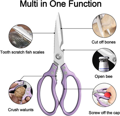 Kitchen Scissors, Multi-Purpose Kitchen Shears, Heavy Duty Dishwasher Safe Food Scissors for Chicken, Poultry, Fish, Meat & Herbs with Non-Slip Grips - Sliver
