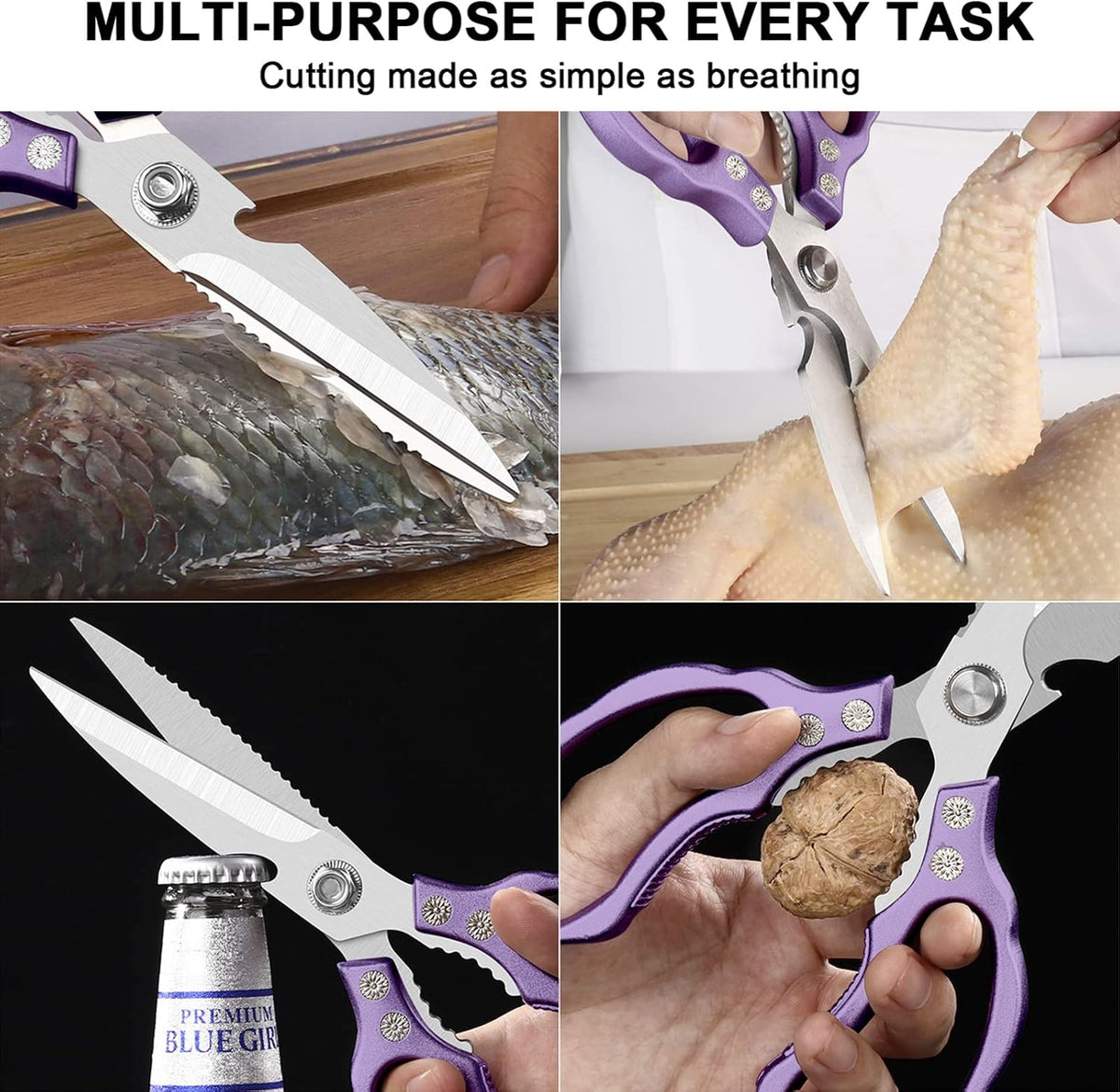 Kitchen Scissors, Multi-Purpose Kitchen Shears, Heavy Duty Dishwasher Safe Food Scissors for Chicken, Poultry, Fish, Meat & Herbs with Non-Slip Grips - Sliver