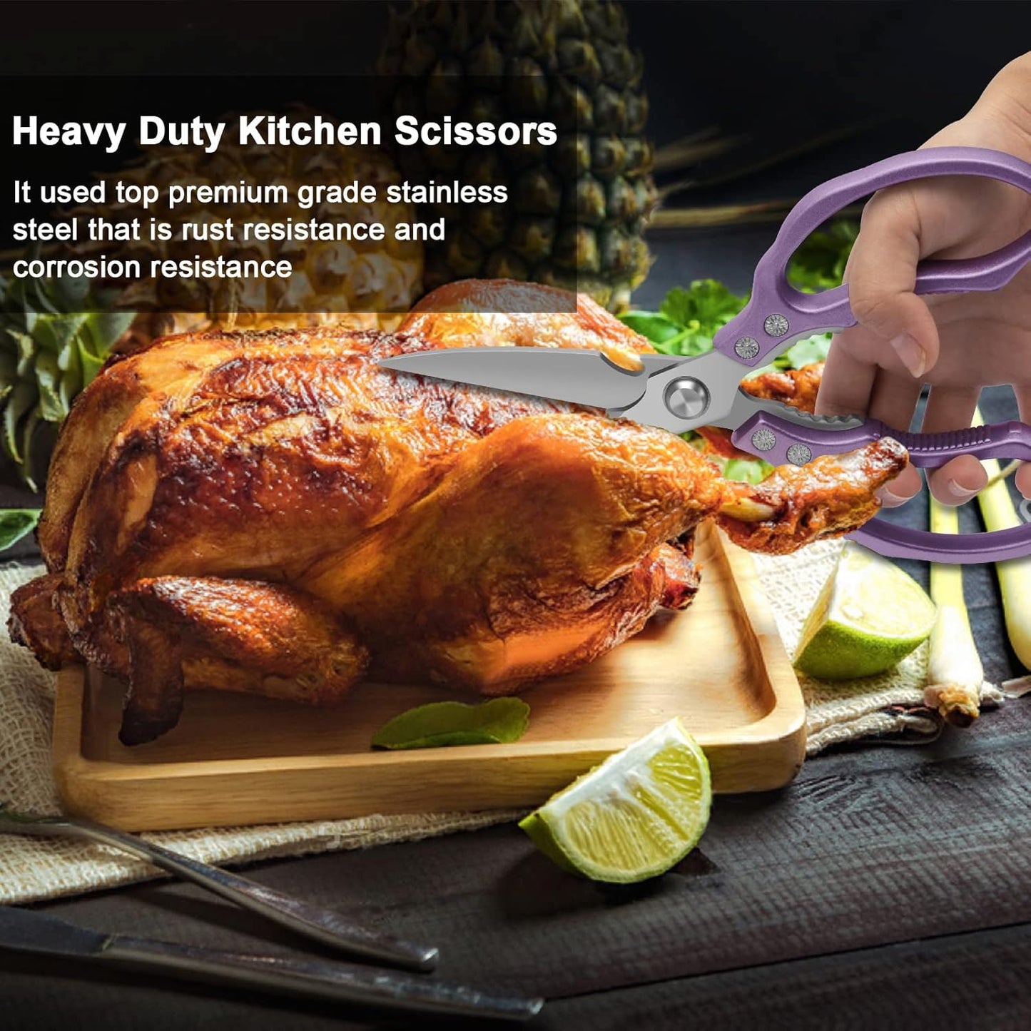 Kitchen Scissors, Multi-Purpose Kitchen Shears, Heavy Duty Dishwasher Safe Food Scissors for Chicken, Poultry, Fish, Meat & Herbs with Non-Slip Grips - Sliver