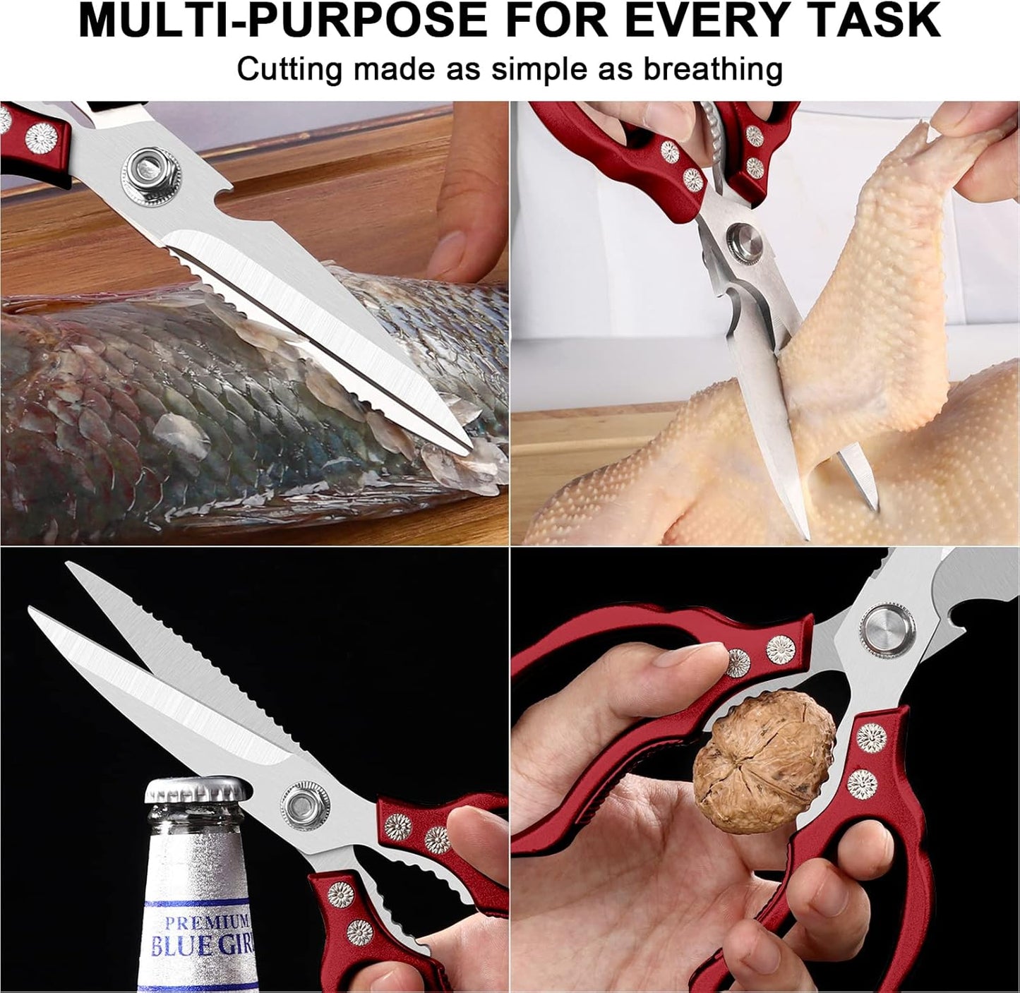 Kitchen Scissors, Multi-Purpose Kitchen Shears, Heavy Duty Dishwasher Safe Food Scissors for Chicken, Poultry, Fish, Meat & Herbs with Non-Slip Grips - Sliver