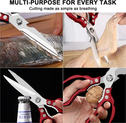 Kitchen Scissors, Multi-Purpose Kitchen Shears, Heavy Duty Dishwasher Safe Food Scissors for Chicken, Poultry, Fish, Meat & Herbs with Non-Slip Grips - Sliver