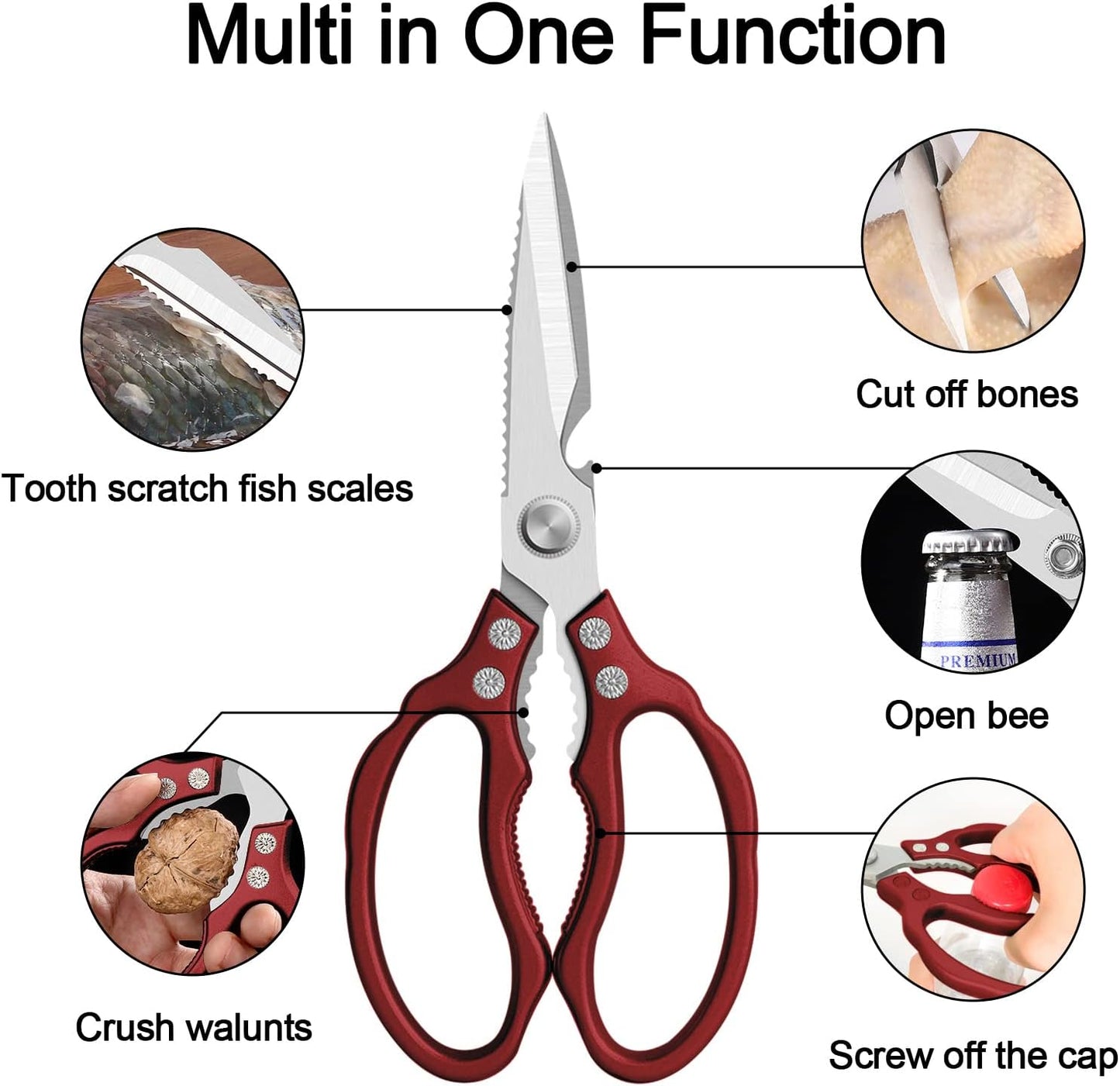 Kitchen Scissors, Multi-Purpose Kitchen Shears, Heavy Duty Dishwasher Safe Food Scissors for Chicken, Poultry, Fish, Meat & Herbs with Non-Slip Grips - Sliver