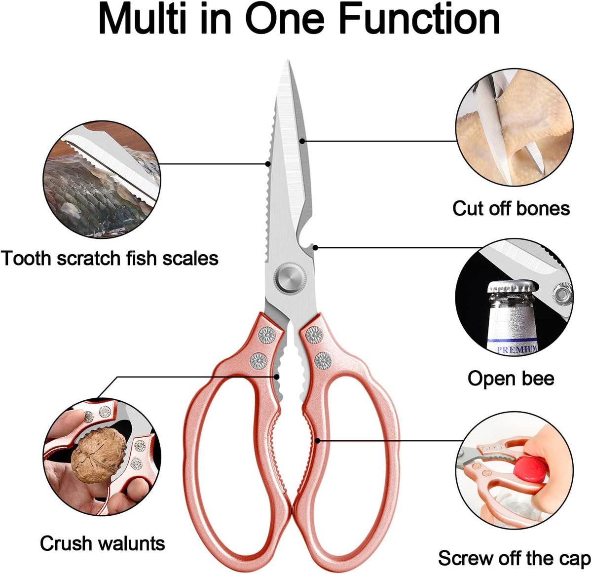 Kitchen Scissors, Multi-Purpose Kitchen Shears, Heavy Duty Dishwasher Safe Food Scissors for Chicken, Poultry, Fish, Meat & Herbs with Non-Slip Grips - Sliver