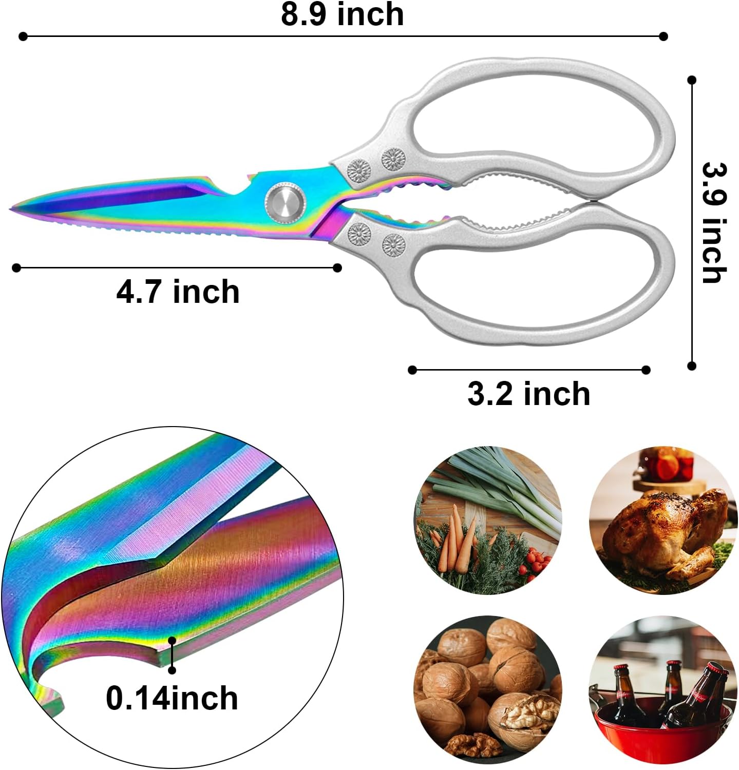 Kitchen Scissors, Multi-Purpose Kitchen Shears, Heavy Duty Dishwasher Safe Food Scissors for Chicken, Poultry, Fish, Meat & Herbs with Non-Slip Grips - Sliver