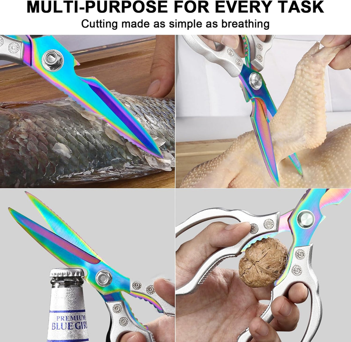 Kitchen Scissors, Multi-Purpose Kitchen Shears, Heavy Duty Dishwasher Safe Food Scissors for Chicken, Poultry, Fish, Meat & Herbs with Non-Slip Grips - Sliver