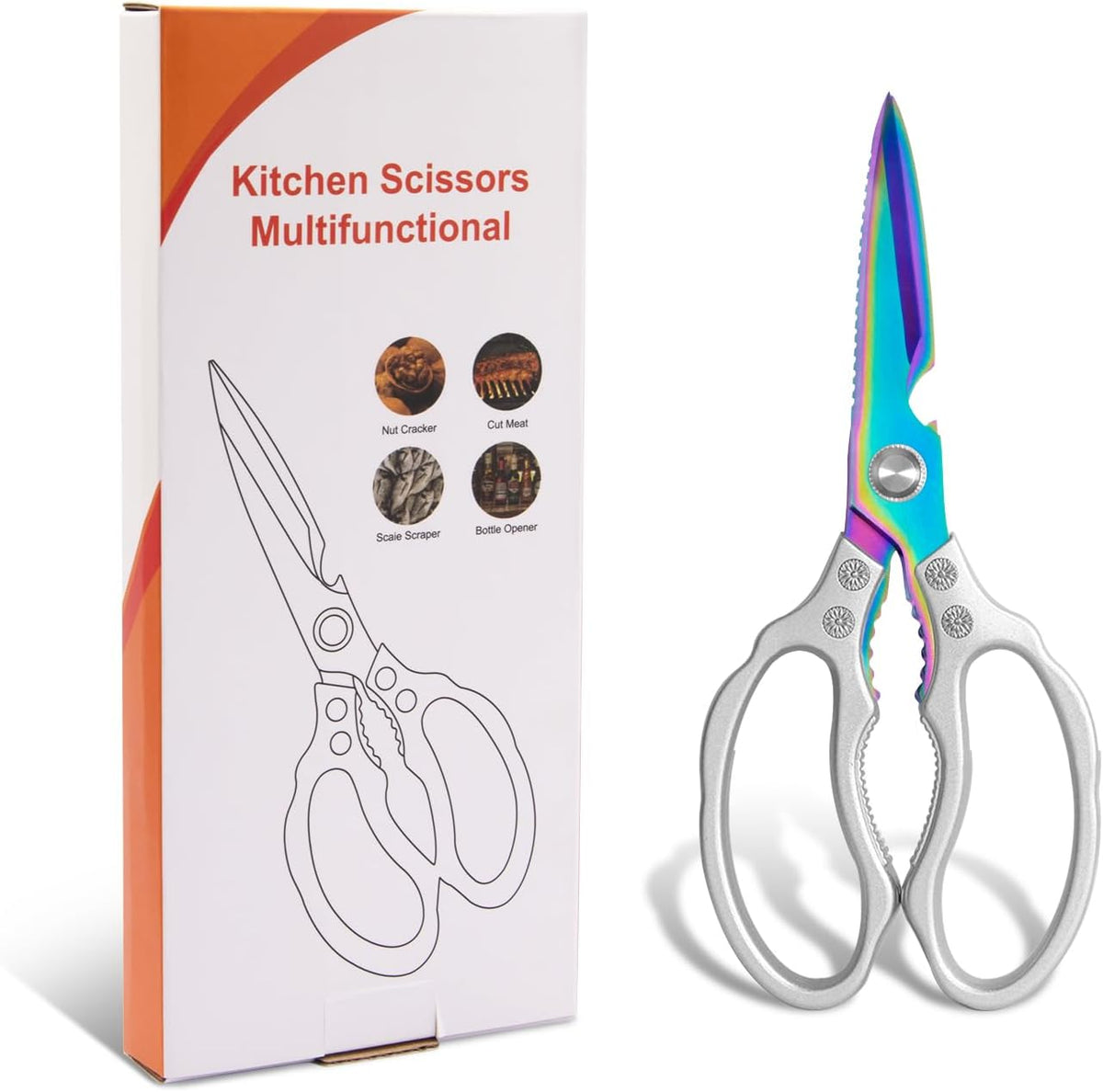 Kitchen Scissors, Multi-Purpose Kitchen Shears, Heavy Duty Dishwasher Safe Food Scissors for Chicken, Poultry, Fish, Meat & Herbs with Non-Slip Grips - Sliver