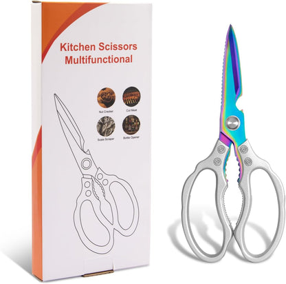 Kitchen Scissors, Multi-Purpose Kitchen Shears, Heavy Duty Dishwasher Safe Food Scissors for Chicken, Poultry, Fish, Meat & Herbs with Non-Slip Grips - Sliver