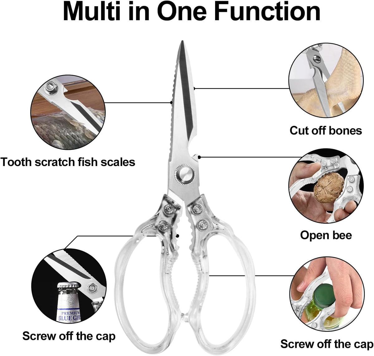 Kitchen Scissors, Multi-Purpose Kitchen Shears, Heavy Duty Dishwasher Safe Food Scissors for Chicken, Poultry, Fish, Meat & Herbs with Non-Slip Grips - Sliver