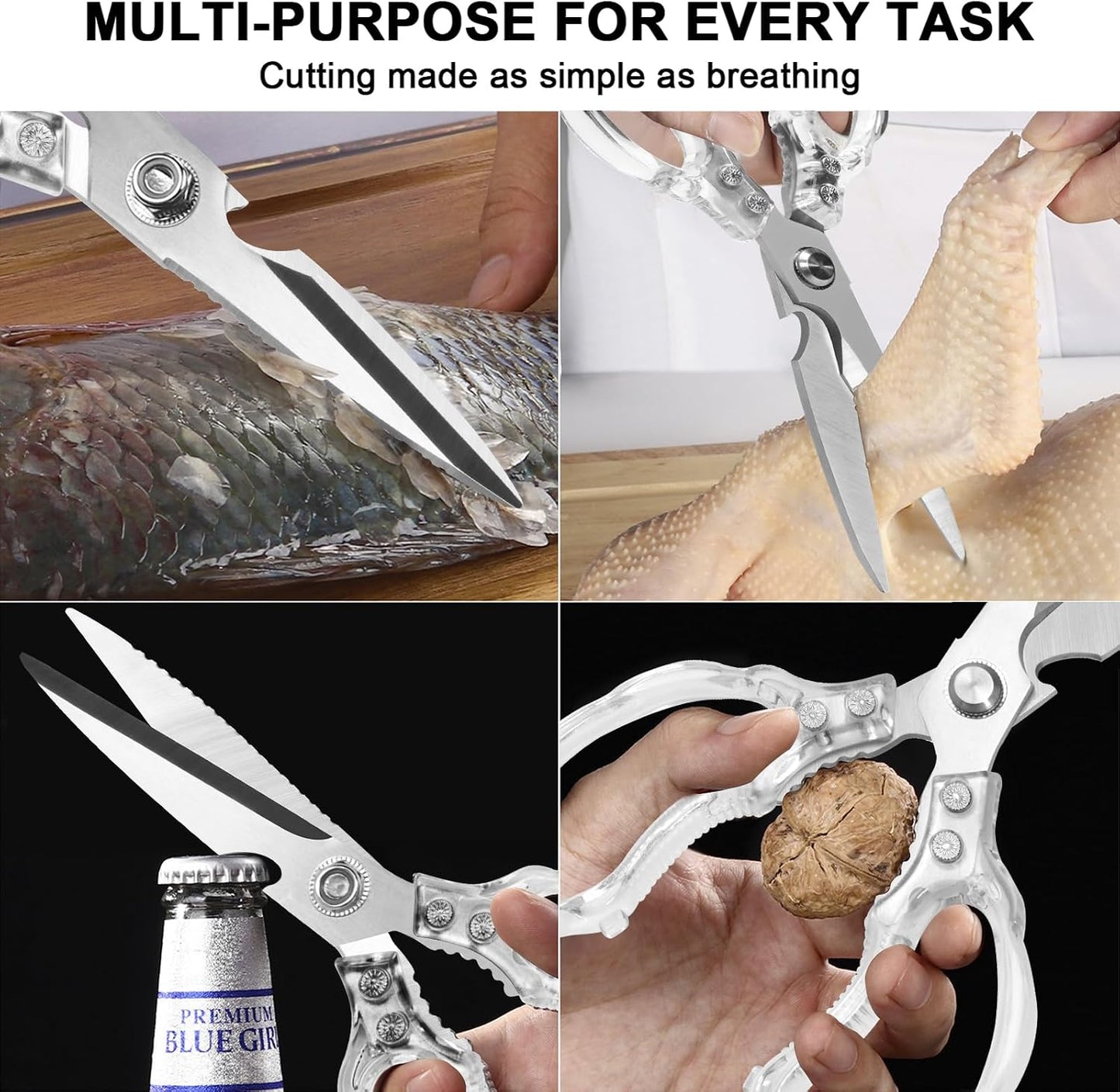 Kitchen Scissors, Multi-Purpose Kitchen Shears, Heavy Duty Dishwasher Safe Food Scissors for Chicken, Poultry, Fish, Meat & Herbs with Non-Slip Grips - Sliver