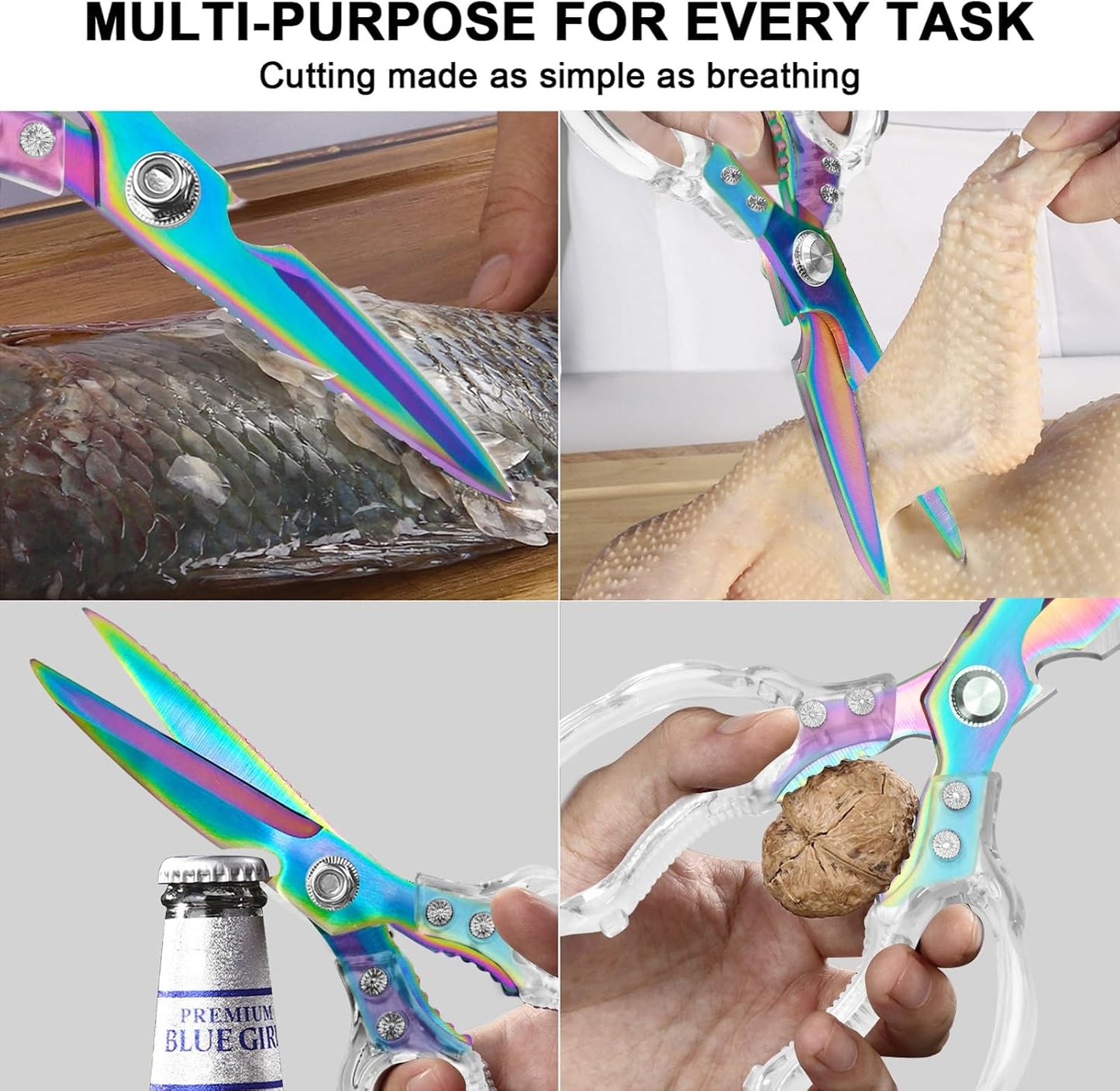 Kitchen Scissors, Multi-Purpose Kitchen Shears, Heavy Duty Dishwasher Safe Food Scissors for Chicken, Poultry, Fish, Meat & Herbs with Non-Slip Grips - Sliver