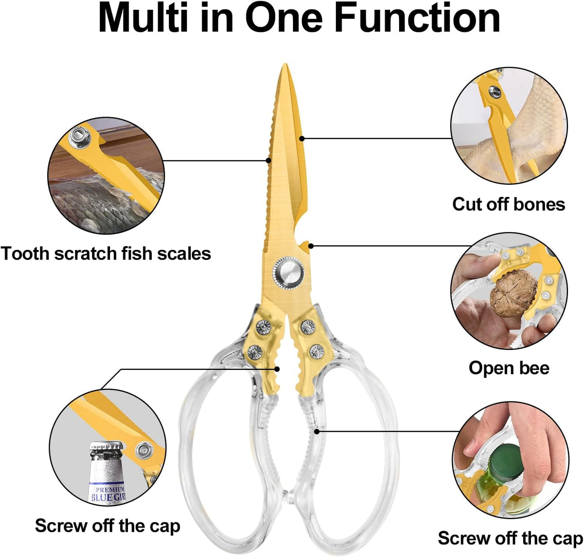Kitchen Scissors, Multi-Purpose Kitchen Shears, Heavy Duty Dishwasher Safe Food Scissors for Chicken, Poultry, Fish, Meat & Herbs with Non-Slip Grips - Sliver