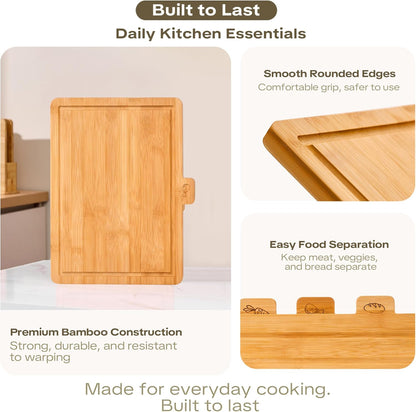Bamboo Cutting Boards for Kitchen Set of 3, Large 14’’ x 10’’ with Holder, Wooden Cutting Board with Juice Groove & Labels for Meat Vegetables Bread
