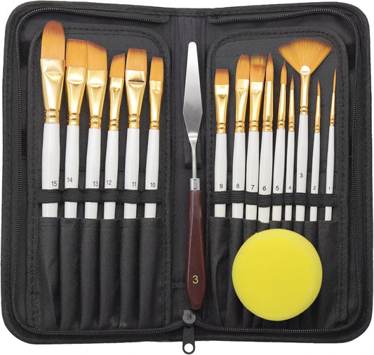 17Pcs Paint Brush Set with Palette Knife & Sponge, Standing Storage Case as Brush Holder, Professional Artist Brushes for Acrylic, Oil, Watercolor