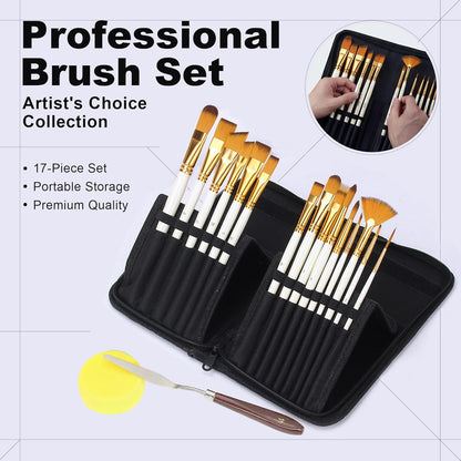 17Pcs Paint Brush Set with Palette Knife & Sponge, Standing Storage Case as Brush Holder, Professional Artist Brushes for Acrylic, Oil, Watercolor