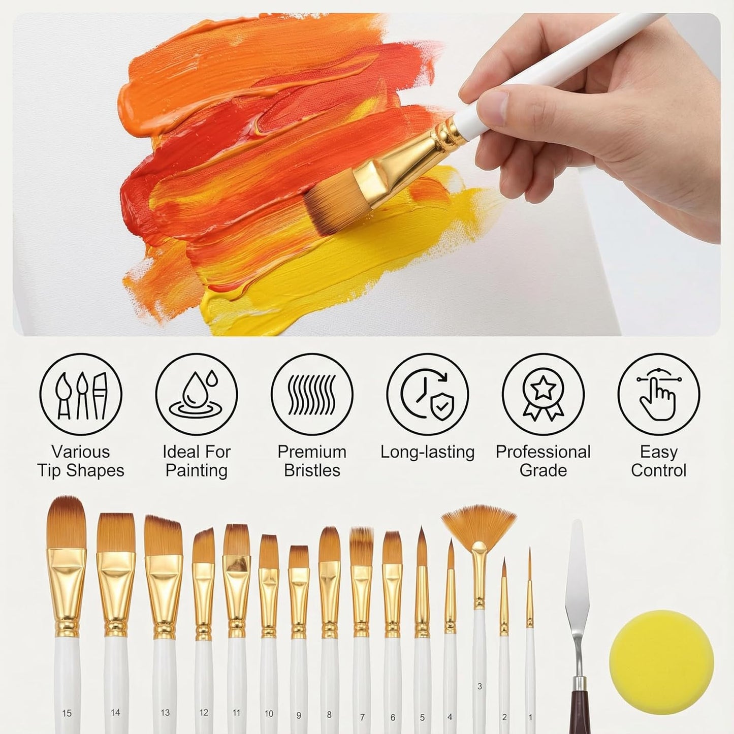 17Pcs Paint Brush Set with Palette Knife & Sponge, Standing Storage Case as Brush Holder, Professional Artist Brushes for Acrylic, Oil, Watercolor