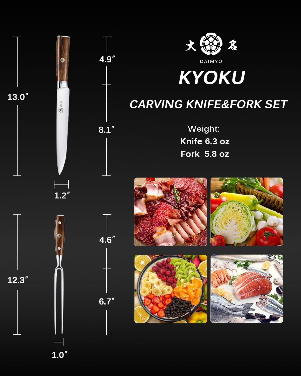 Carving Knife Set, Daimyo Series 8" Carving Knife and Fork, Japanese Style 440C Stainless Steel Meat Cutting Knife for Winter Christmas Turkey
