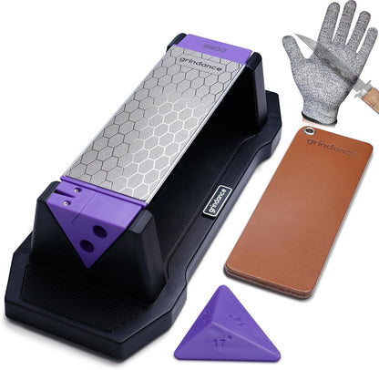 3-Sided 400/1000/8000 Grit Diamond Sharpening Whetstone Kit | Angle Guide, Non-Slip Base, Leather Strop, Protective Glove Included, Knife Sharpener for Kitchen/Hunting/Outdoor Knives