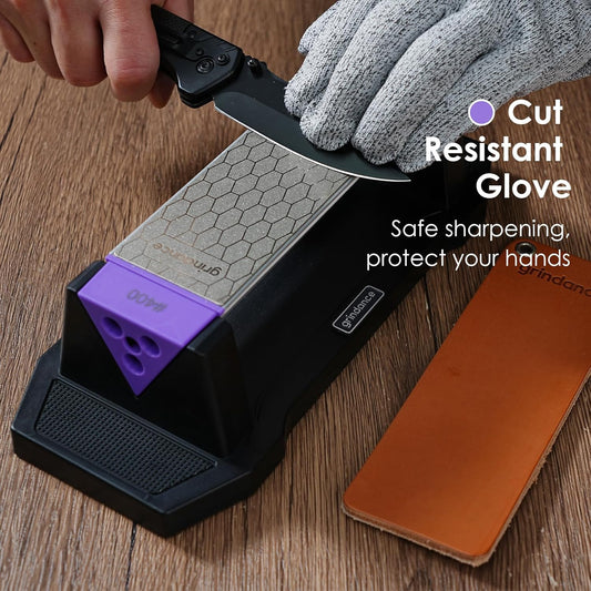 3-Sided 400/1000/8000 Grit Diamond Sharpening Whetstone Kit | Angle Guide, Non-Slip Base, Leather Strop, Protective Glove Included, Knife Sharpener for Kitchen/Hunting/Outdoor Knives