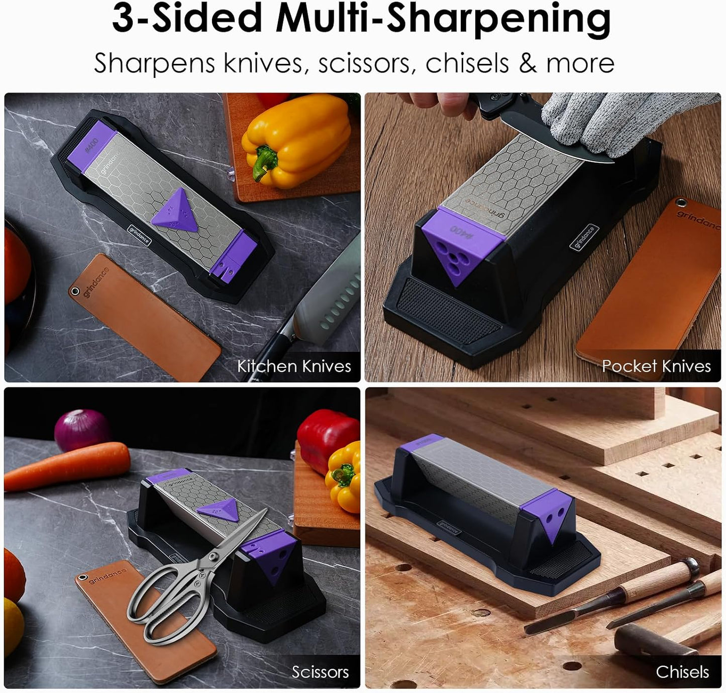 3-Sided 400/1000/8000 Grit Diamond Sharpening Whetstone Kit | Angle Guide, Non-Slip Base, Leather Strop, Protective Glove Included, Knife Sharpener for Kitchen/Hunting/Outdoor Knives