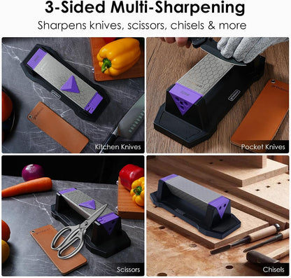 3-Sided 400/1000/8000 Grit Diamond Sharpening Whetstone Kit | Angle Guide, Non-Slip Base, Leather Strop, Protective Glove Included, Knife Sharpener for Kitchen/Hunting/Outdoor Knives