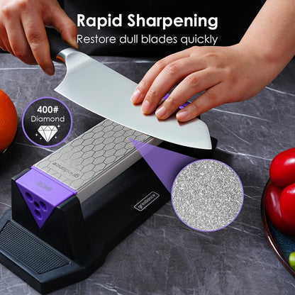 3-Sided 400/1000/8000 Grit Diamond Sharpening Whetstone Kit | Angle Guide, Non-Slip Base, Leather Strop, Protective Glove Included, Knife Sharpener for Kitchen/Hunting/Outdoor Knives