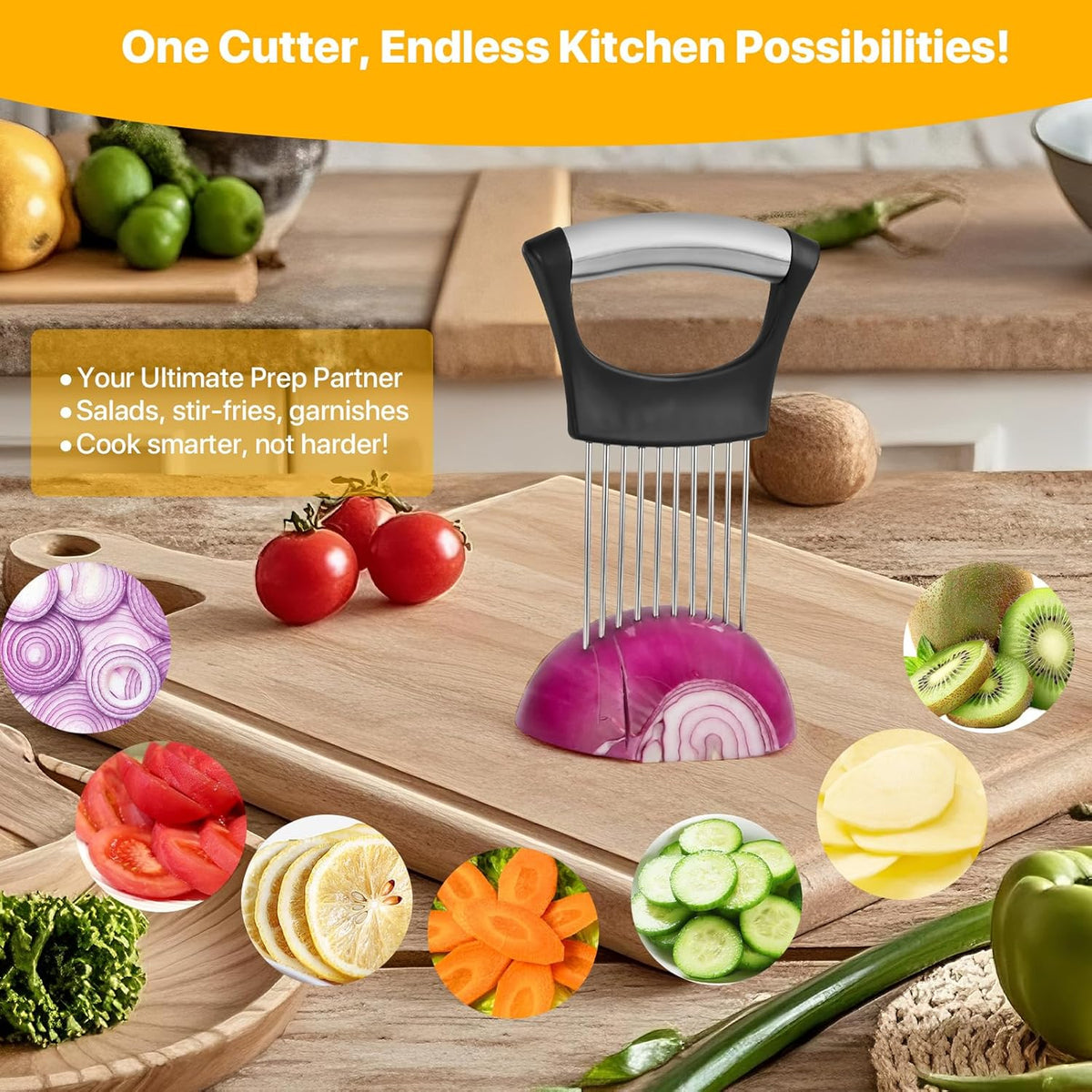 2 PCS Onion Holder for Slicing, Vegetable Slicer Slice Cutter Chopper Guide | Stainless Steel Kitchen Slicer Tool, Safe Anti-Cut, Uniform Slices for Tomato, Avocado, Potato, Egg, Lemon, Meat Tenderizer.