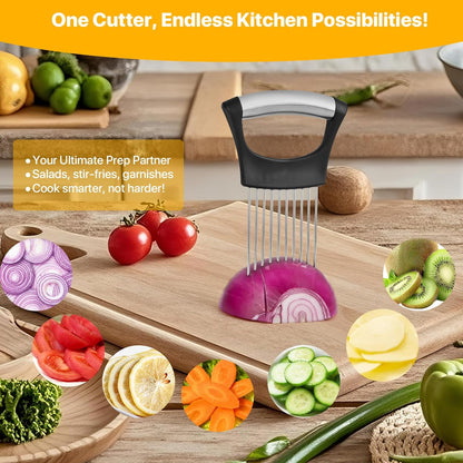 2 PCS Onion Holder for Slicing, Vegetable Slicer Slice Cutter Chopper Guide | Stainless Steel Kitchen Slicer Tool, Safe Anti-Cut, Uniform Slices for Tomato, Avocado, Potato, Egg, Lemon, Meat Tenderizer.