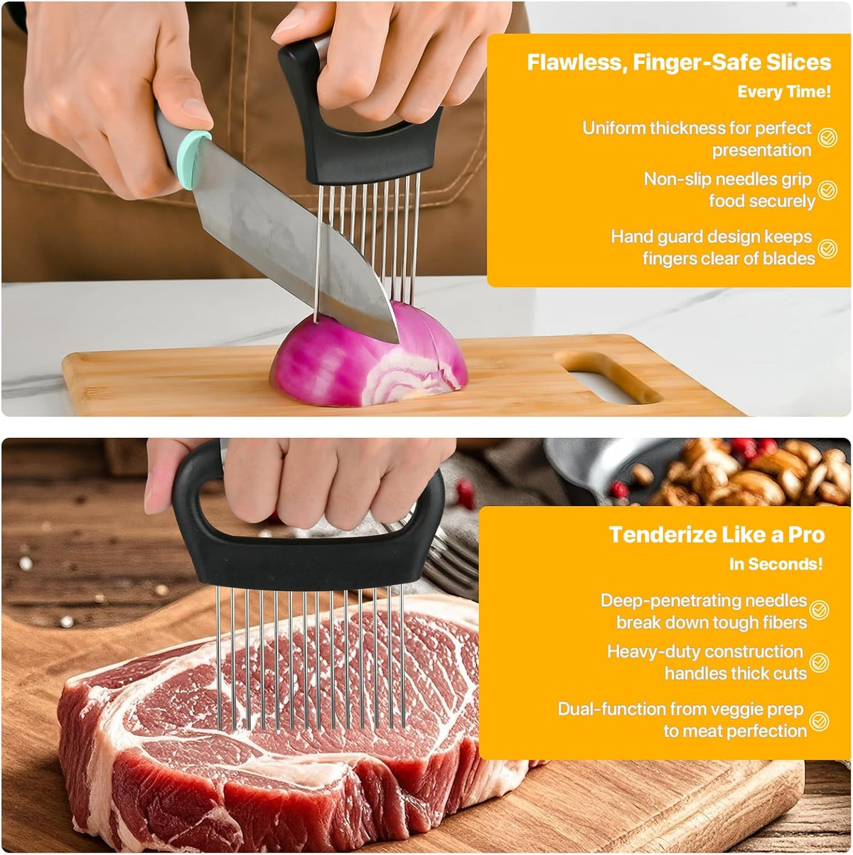 2 PCS Onion Holder for Slicing, Vegetable Slicer Slice Cutter Chopper Guide | Stainless Steel Kitchen Slicer Tool, Safe Anti-Cut, Uniform Slices for Tomato, Avocado, Potato, Egg, Lemon, Meat Tenderizer.