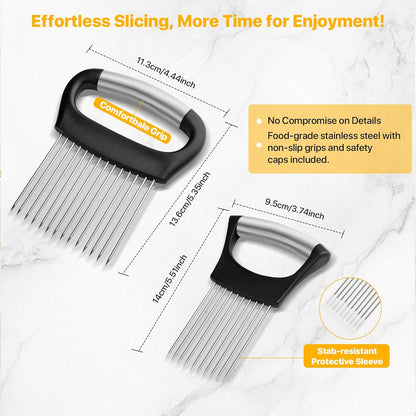 2 PCS Onion Holder for Slicing, Vegetable Slicer Slice Cutter Chopper Guide | Stainless Steel Kitchen Slicer Tool, Safe Anti-Cut, Uniform Slices for Tomato, Avocado, Potato, Egg, Lemon, Meat Tenderizer.