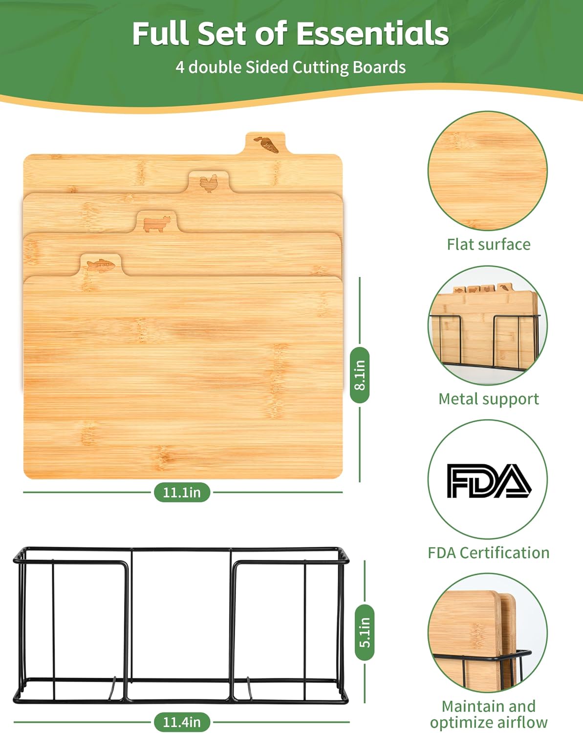 Bamboo Cutting Board Set with Meatal Stand, 4PCS Eco-Friendly Labeled Tabs Cutting Board, Durable Cutting Boards Kitchen For Chopping Fruit, Meat, Cheese, Veggies - 11" x 8"