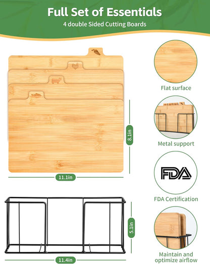 Bamboo Cutting Board Set with Meatal Stand, 4PCS Eco-Friendly Labeled Tabs Cutting Board, Durable Cutting Boards Kitchen For Chopping Fruit, Meat, Cheese, Veggies - 11" x 8"