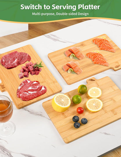 Bamboo Cutting Board Set with Meatal Stand, 4PCS Eco-Friendly Labeled Tabs Cutting Board, Durable Cutting Boards Kitchen For Chopping Fruit, Meat, Cheese, Veggies - 11" x 8"